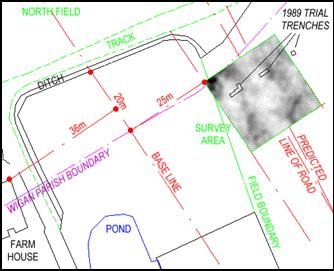 Plan of the resistivity survey area, with the predicted line of the road