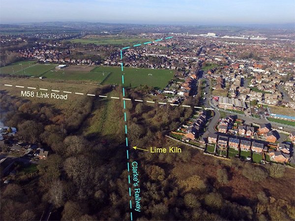 The lime kiln and Clarke's Railway from the air