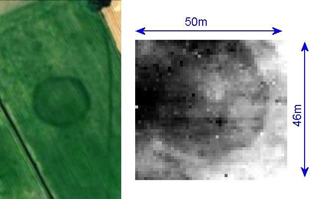 The Aspull ring ditch as a crop mark, and in the resistivity plot