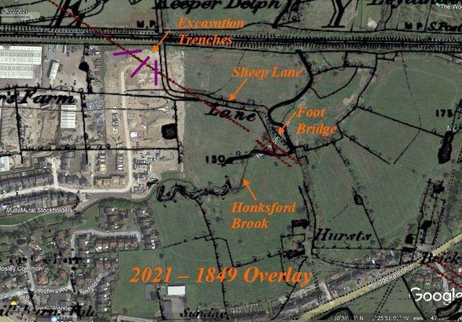 The Roman road line overlaid on the 1849 map at Mosley Common