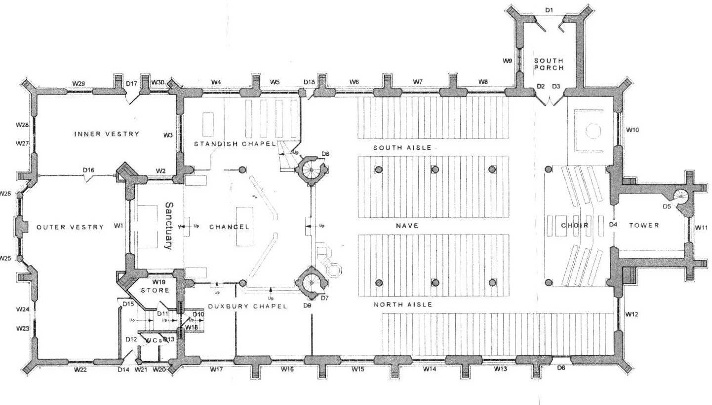 Plan of St Wilfrid's, with the windows (W), doors (D) and columns numbered